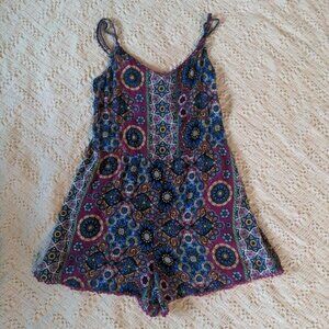 LA Hearts Romper Size S Boho Summer Festival Wear Purple Print Pom Pom Trim